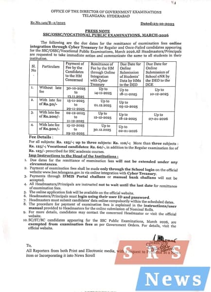 పదో తరగతి పరీక్ష ఫీజు తేదీలు వచ్చేశాయ్.. ఆ రోజే లాస్ట్‌ డేట్..!!